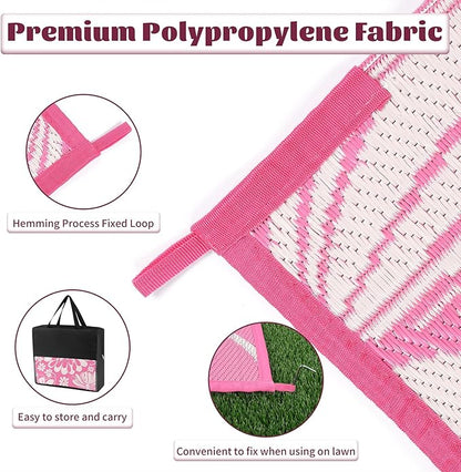 Ileading Outdoor Plastic Straw Rug 5x8ft Funny Floral Style Reversible Patio Area Rugs Waterproof Non Shedding Portable Carpets for Rv Outside Deck Pool Beach Picnic Camping (Pink)