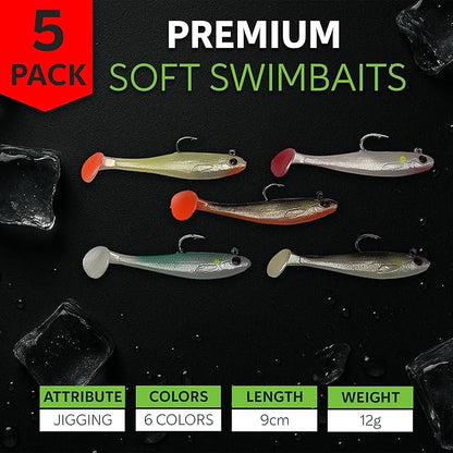 3 1/2" Pre-Rigged Jig Head Fishing Lures Pack of 5 - Soft Plastic Paddle Tail Swimbait with Hook for Freshwater and Saltwater