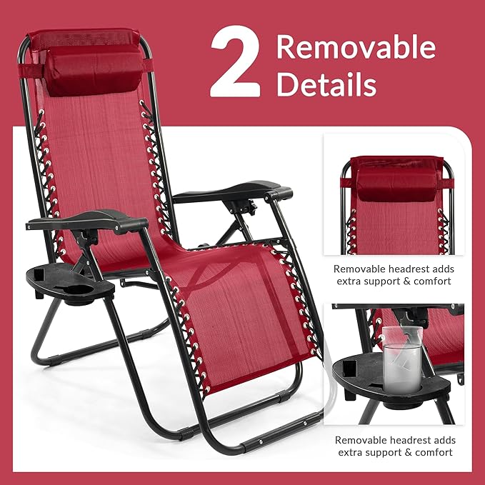 Zero Gravity Chair Set of 2 with Cup Holder & Removable Pillows, Adjustable Reclining Outdoor Patio Folding Chairs Portable Lounge Chair Furniture for Poolside, Lawn, Beach, Camping