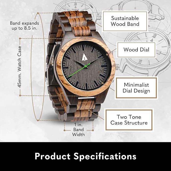 Treehut Wooden Watches for Men, Great Japanese Quartz Analog, Stylish Exotic Watch with Adjustable Stainless Steel Clasp, Buckle, Made from Ebony and Walnut Wood, Relojes Hombre Mujeres