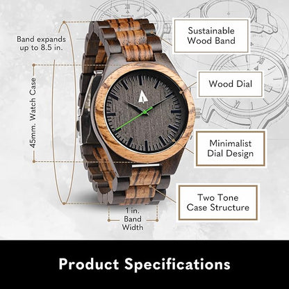 Treehut Wooden Watches for Men, Great Japanese Quartz Analog, Stylish Exotic Watch with Adjustable Stainless Steel Clasp, Buckle, Made from Ebony and Walnut Wood, Relojes Hombre Mujeres