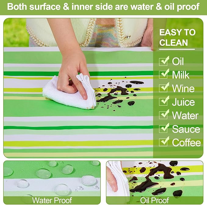 Picnic Table Cover with Bench Covers Camping Essentials Waterproof Windproof Camping Tablecloth with Drawstring Bag, Fitted Rectangle Tables and Seats, 72in, Light Green Stripe