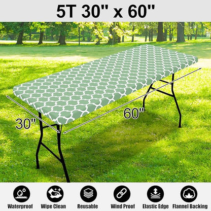 Smiry Rectangle Picnic Table Cover, Waterproof Elastic Fitted Camping Tablecloths for 5 Foot Tables, Wipeable Flannel Backed Vinyl Tablecloth Protector for Indoor, Outdoor (Sage Green, 30x60 Inches)