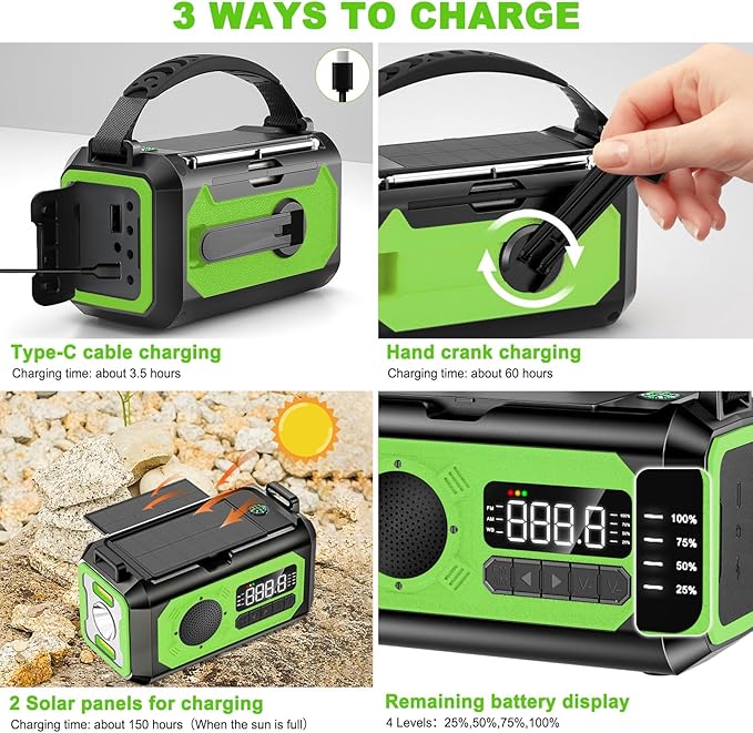 44400mWh/12000mAh Emergency Radio, Hand Crank Portable Solar Radio AM/FM/NOAA Weather Radio with 2 Solar Panels,3 Charging Methods,SOS Alarm,Flashlight,Phone Charger,Compass,Reading Lamp(Grass Green)