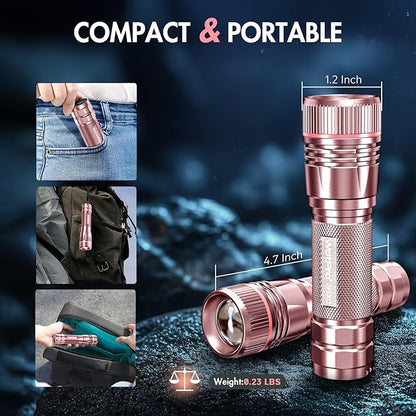 WdtPro Rechargeable Flashlights High Lumens, 1 Pack Super Bright LED Small Tactical EDC Flashlight with 10H Runtime, Portable Flash light for Camping, Home, Emergency Essentials Pink(Battery Included)