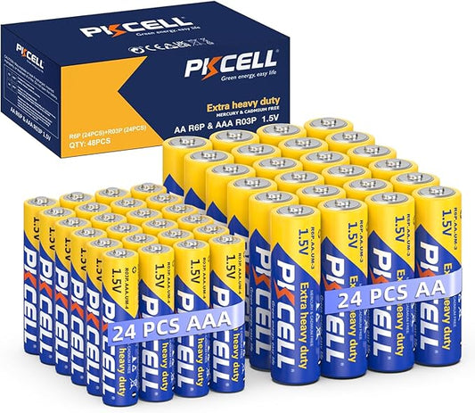 PKCELL AA Batteries 24 Pack & AAA Batteries 24 Pack Combo (48 Count), Double A Batteries and Triple A Batteries, 1.5V High-Performance Carbon Battery
