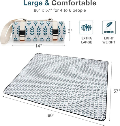 Picnic Blankets Washable | Beach Mat Sand Free Waterproof | Camping Blankets | Emergency Blankets | Picnic Baskets Accessories with Waterproof Backing and Shoulder Strap - BlueLeaf