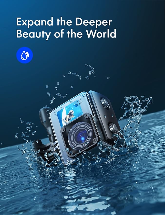 WOLFANG GA200 24MP 4K Action Camera 40M Waterproof Underwater Camera for Snorkeling, EIS WiFi Adjustable Wide Angle Dual Screen Camera for Vlog, Webcam(Charger, Remote Control and Helmet Accessories)