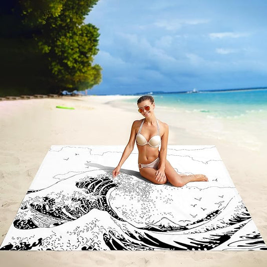 Beach Blanket, Large Sandproof & Waterproof Picnic Blankets, Quick Drying Sand Free Lightweight Beach Mat with 4 Stakes & Pockets for Outdoor Travel Camping Hiking Vacation Essentials - The Great Wave