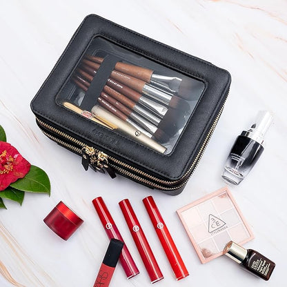 Aveniee Clear Makeup Bags, Double Layer Cosmetic Bags with Separate Brush Compartment, Large Travel Toiletry Bag Cosmetic Case, Travel Accessories Organizer for Women(2 Layers, Black)