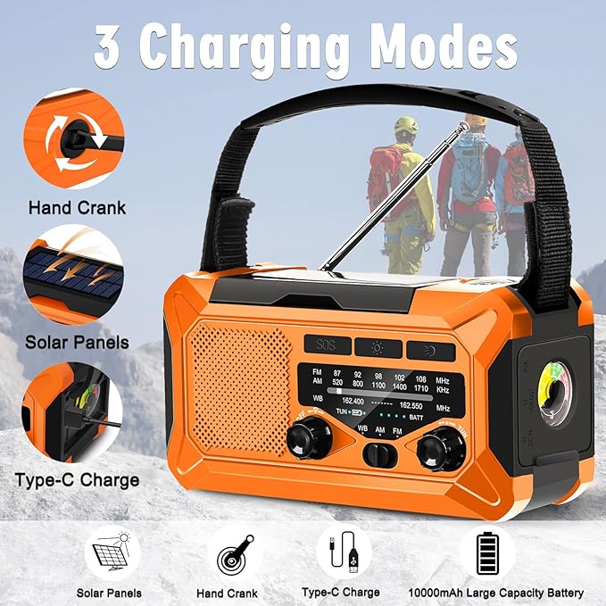 10000mAh Emergency Radio,Multi-Function AM/FM/NOAA Weather Radio,Hand Crank,USB Cable 3 Charging Methods,SOS Alarm,Flashlight,Phone Charger,Compass,Reading Lamp(Tangerine)