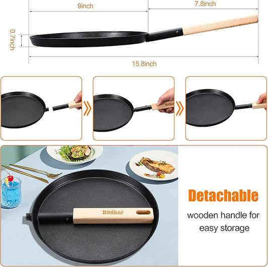 8-inch Frying Pan Skillet Flat Crepe Pan, Lightweight Grill Pan with Wooden Handle for Camping Indoor Outdoor Cooking