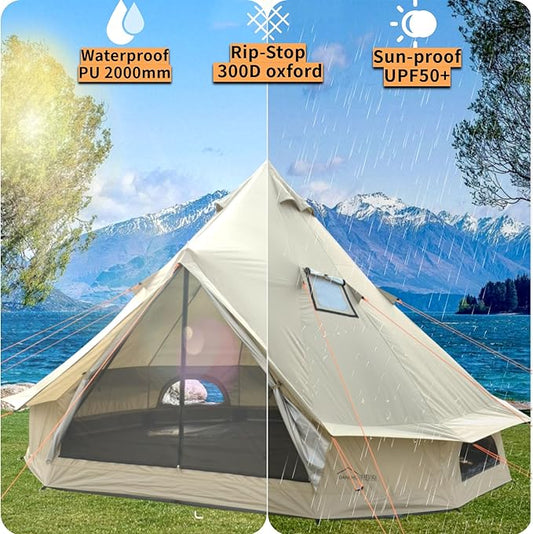 DANCHEL OUTDOOR B2 Waterproof Glamping Yurts for All Year Living with Stove Jack for 4/6 Person, Portable 4 Season Bell Tent for Camping Hot Tent 300D Oxford Nylon Glamping Accessories,13ft/16.4ft