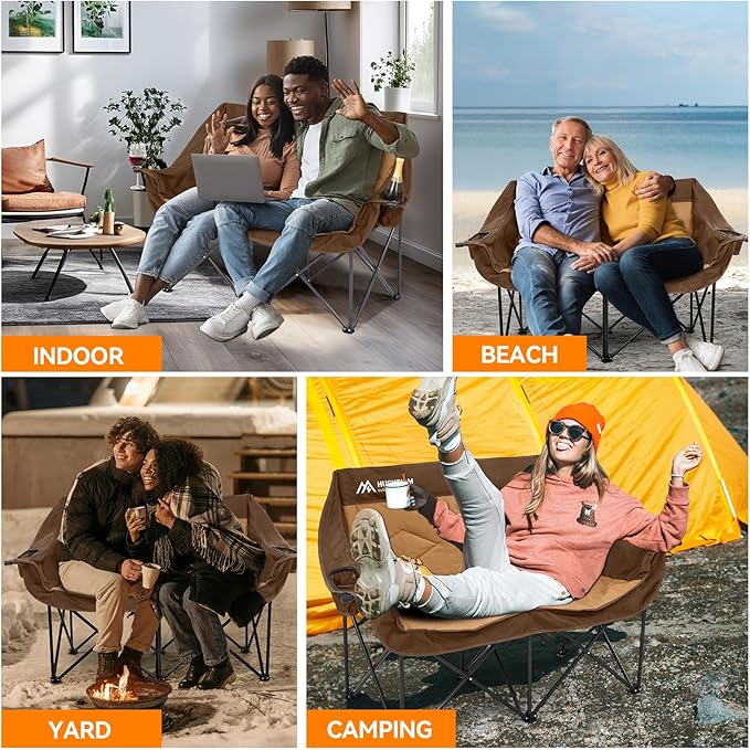 Double Camping Chairs for Adults Oversized Loveseat - 2 Person Camping Chair Heavy Duty Outdoor Camping Couch with Cup Holders - Portable Folding Chair for Outside Lawn, Brown