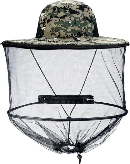 Mosquito Head Net Hat with Removable Mesh Hidden Netting, Camouflage Design with Zipper Net for Outdoor Fishing Gardening Hiking Face Cover (Digital Camouflage)