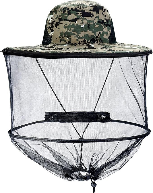 Mosquito Head Net Hat with Removable Mesh Hidden Netting, Camouflage Design with Zipper Net for Outdoor Fishing Gardening Hiking Face Cover (Digital Camouflage)
