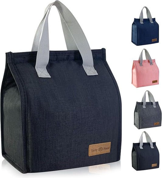 Mziart Minimalist Lunch Bag, Reusable Insulated Bag for Women Men Box Container Leakproof Simple Bento Tote Adults Cooler Work Office Picnic or Travel (Black) M23HK-LB-005-JJ