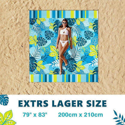 WERNNSAI Beach Blanket Waterproof Sandproof - Extra Large Beach Mat 79" x 83" Sand Free with 4 Stakes Pockets Quick Dry Lightweight Blue Plant Pattern Picnic Mat for Beach Party Camping