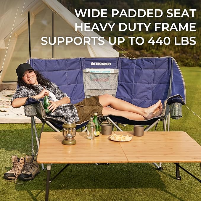 FUNDANGO Oversized Double Camping Chair, 2 Person Folding Padded Loveseat for Adults，660lbs Heavy Duty Chair with Arm Cup Holder for Outdoor Patio Lawn Camp with Carry Bag (Blue)