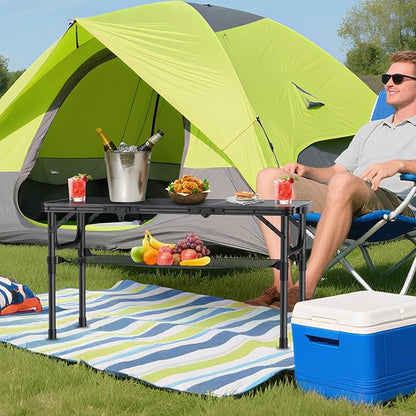 Folding Camping Table with Storage Net, 3ft Camping Table Aluminum Folding Table with 3 Adjustable Height Max 27.5 Inch Picnic Table Portable Table for Outdoor Backyard BBQ, Pure Black