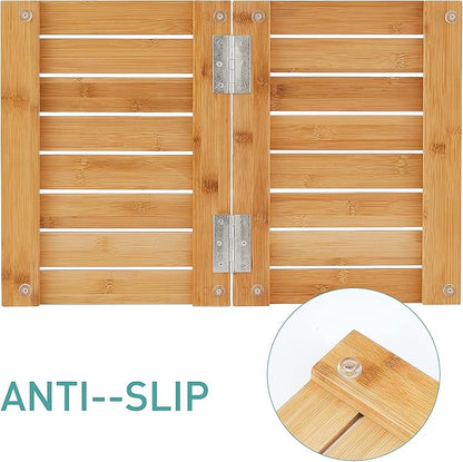 Waterproof Bamboo Bath Mat for Shower, Wooden Floor Mat for Bathroom, Foldable | Non-Slip | Heavy Duty, Shower Mat for Indoor Outdoor, 23.5in x 15.6in