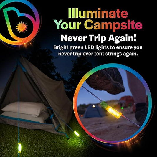 Brightz LED Tent String Lights - Keep Tent Guy-Lines Visible at Night - Campsite Safety Lights
