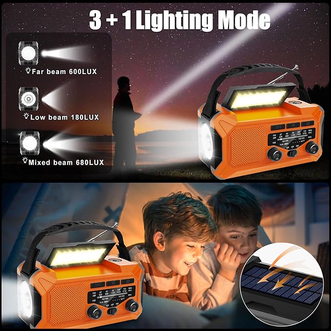 10000mAh Emergency Radio,Multi-Function AM/FM/NOAA Weather Radio,Hand Crank,USB Cable 3 Charging Methods,SOS Alarm,Flashlight,Phone Charger,Compass,Reading Lamp(Tangerine)