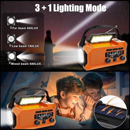 10000mAh Emergency Radio,Multi-Function AM/FM/NOAA Weather Radio,Hand Crank,USB Cable 3 Charging Methods,SOS Alarm,Flashlight,Phone Charger,Compass,Reading Lamp(Tangerine)