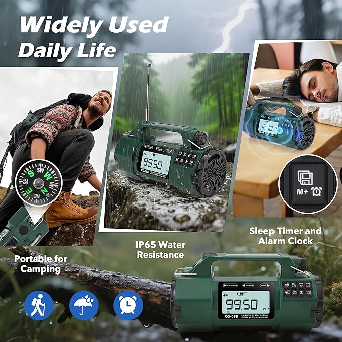 5000mAh Hand Crank Emergency Radio, AM/FM/SW/NOAA Weather Alert Radio Solar Powered, Crank Radios with Flashlight, USB-C Charging, Sleep Timer Clock Alarm, Headphone Jack, SOS Alarm for Home/Outdoors