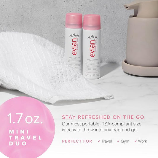Evian Facial Spray, 1.7 oz. Travel Duo - Instantly Hydrate - Refresh Skin - Revive Makeup - TSA Compliant - All Skin Types - French Alps Skincare