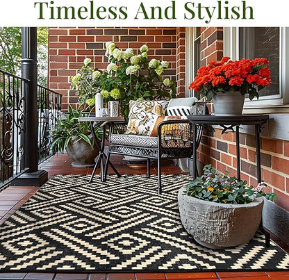 OPPODREAM Outdoor Rug 9x12 Patio Waterproof, Large Outdoor Plastic Straw Rug, Reversible Out Door Carpet Camping Essentials, Deck, Rv, 9 x 12 Area Carpet for Balcony, Porch, Backyard, Black & Beige