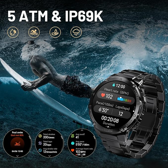 Smart Watches for Men GPS, Pressure,Altitude,Compass, 480mAh Large Battery, 50M Waterproof, Full Metal Body Smartwatch, Bluetooth Calling, 24/7 Health Monitoring, for Android & iOS(2 Bands)