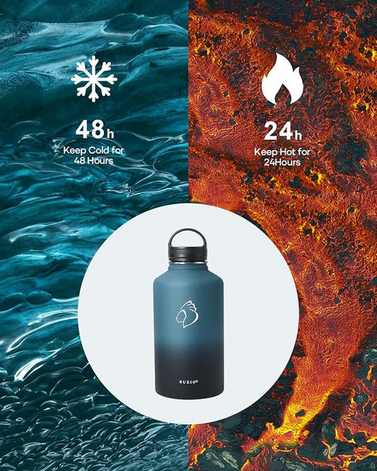 BUZIO 64 oz Water Bottle Insulated with Straw & 3 lid and Carrying Pouch, Leak Proof Half Gallon Stainless Steel Water Flask Jug, Cold for 48 Hrs Double Vacuum Thermo Canteen, BPA-Free, Indigo Crush