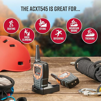 Cobra ACXT545 Weather Resistant Walkie Talkies for Adults with Compatible Cobra Surveillance Headset Microphone: Rechargeable, 22 Channels, Long Range, 2 Two-Way Radio’s, 2 Headsets, Black/Orange