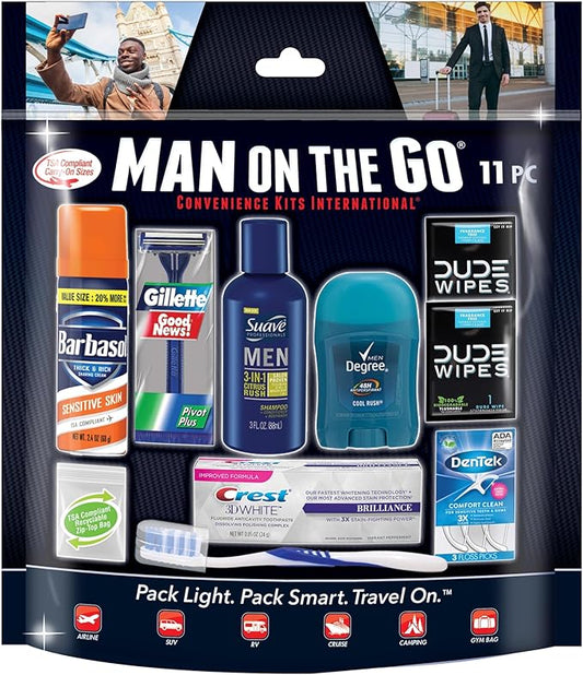 Convenience Kits International Men's 11 Piece Travel Kit with Grooming Essentials and Women's 10 Piece Deluxe Travel Kit with TSA Compliant Toiletries