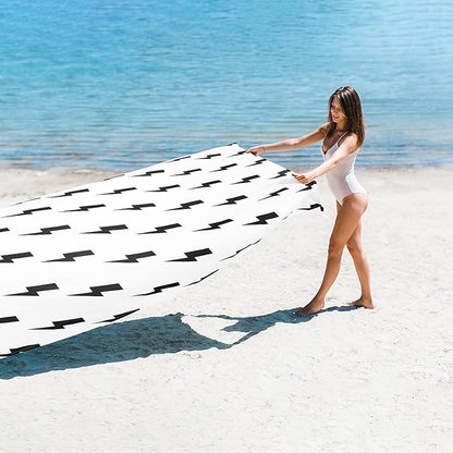 Outdoor Beach Blanket Waterproof Sandproof, 78''×86'' Large Sand Free Beach Mat, Lightweight Portable Picnic Blanket Foldable with 4 Stakes & Pockets for Camping, Hiking Essentials - Black Lightning