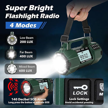 5000mAh Hand Crank Emergency Radio, AM/FM/SW/NOAA Weather Alert Radio Solar Powered, Crank Radios with Flashlight, USB-C Charging, Sleep Timer Clock Alarm, Headphone Jack, SOS Alarm for Home/Outdoors