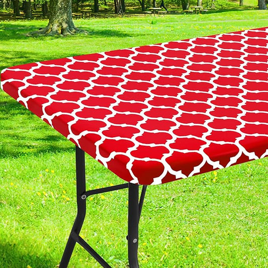 Smiry Rectangle Picnic Table Cover, Waterproof Elastic Fitted Camping Tablecloths for 4 Foot Tables, Wipeable Flannel Backed Vinyl Tablecloth Protector for Indoor, Outdoor (Red, 30x48 Inches)