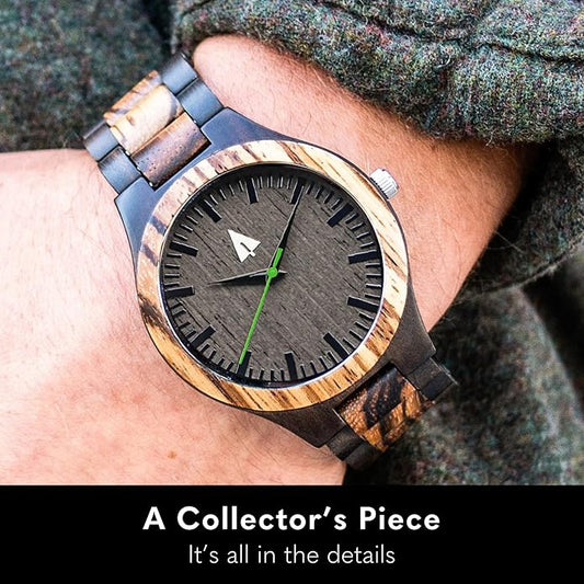 Treehut Wooden Watches for Men, Great Japanese Quartz Analog, Stylish Exotic Watch with Adjustable Stainless Steel Clasp, Buckle, Made from Ebony and Walnut Wood, Relojes Hombre Mujeres