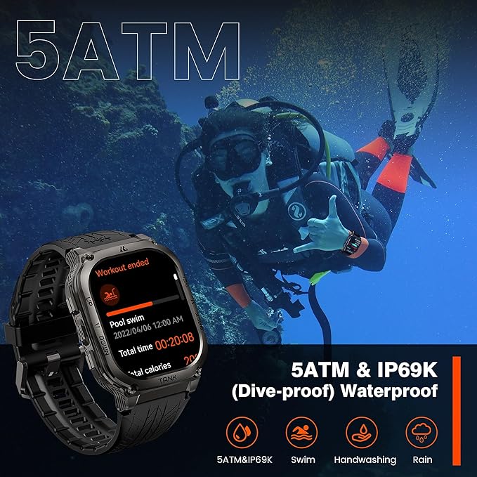 AMAZTIM Smart Watch, 60 Days Extra-Long Battery, 5ATM Waterproof Swimming Diving, Full Metal Military Grade, Answer/Make Call, 2" AMOLED Display, Health Monitor Compatible for iPhone and Android