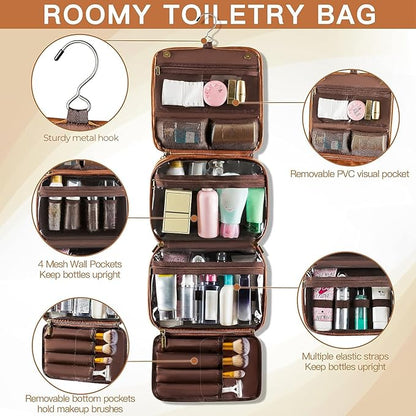 Elviros Hanging Toiletry Bag for Men Travel Essentials 3-in-1 Large Waterproof Dopp Kit PU Leather Shaving Bag with Separate Compartments for Grooming and Toiletries