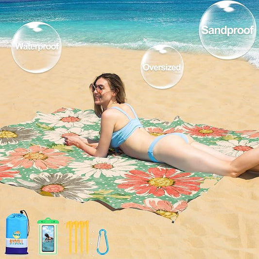 BYDOLL Beach Blanket Waterproof Sandproof 78''×81'' 1-7 Adults Oversized Lightweight Large Picnic Mat Waterproof Sandproof Blanket for Beach