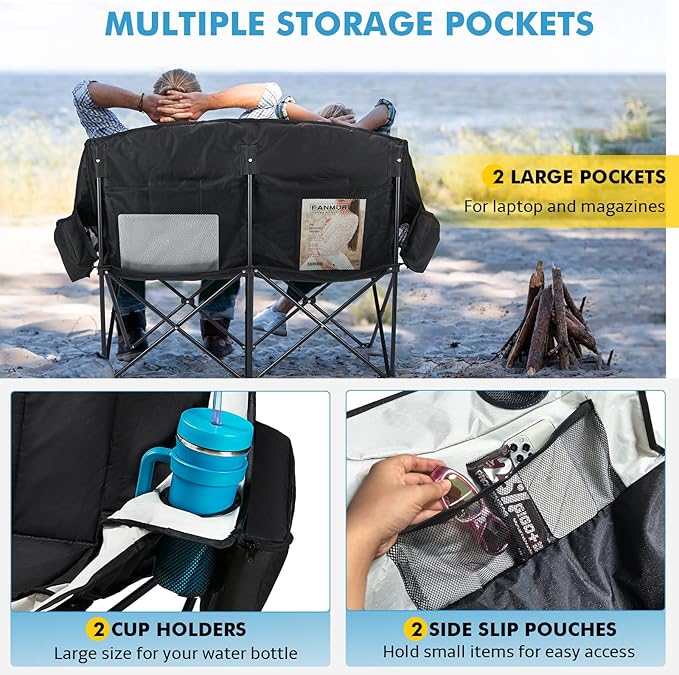 Double Camping Chair for Adults Outdoor Folding Chair with 2 Cooler Bags Support 500lbs Heavy Duty Camp Chair for Outdoor Sports Beach - Black&Grey