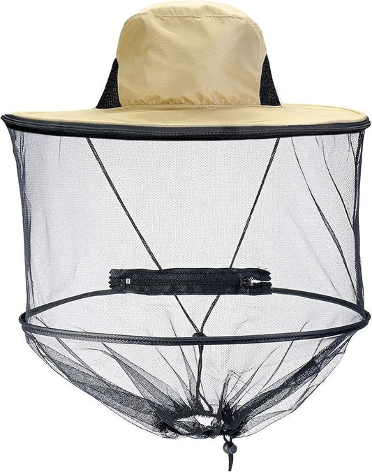 Head Net Hat with Removable Mesh Hidden Netting, Camouflage Design with Zipper Net for Outdoor Fishing Gardening Hiking Face Cover (Beige)