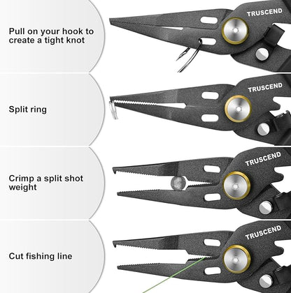 TRUSCEND Lockable Handy Fishing Pliers with Innovative Ergonomic Handle, Saltwater Corrosion Resistant Teflon Coated Fishing Tool with Mo-V Cutter