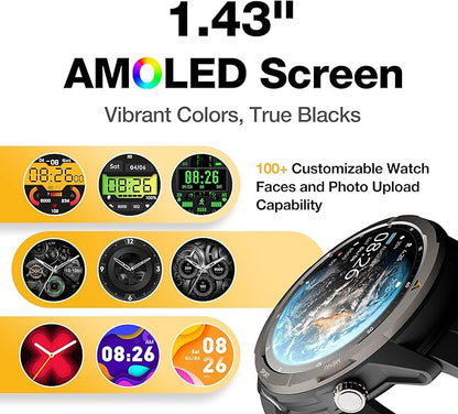 AGM Legion Rugged Smart Watch for Women, 1.43" HD AMOLED Touchscreen, Bluetooth Calling, 5 ATM & IP68, Sports Modes, Barometer & Altimeter, DIY Dial, 24/7 Heart Rate/SpO2/Sleep Monitor for iOS Android