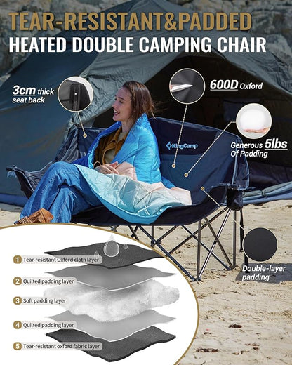 KingCamp Double Camping Chair, Oversized Heavy Duty Loveseat for Adults Portable Folding XL 2 Person Couch Padded Comfortable Two Seat with Cup Holder for Outdoor Lawn Backyard