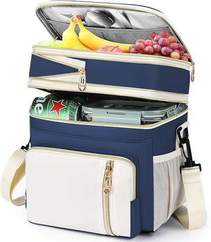 Lunch Box & Lunch Bag for Women Men, Large Insulated Adult Lunch Box Leakproof Lunchbox Cooler Bag for Work Picnic Beach,16L, Dark Blue & White