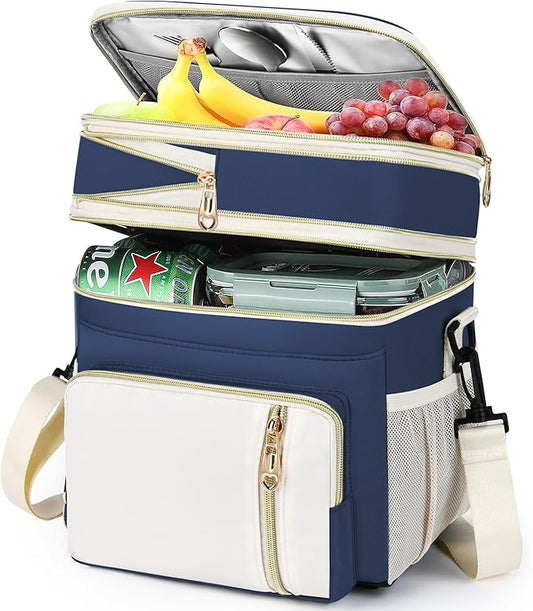 Lunch Box & Lunch Bag for Women Men, Large Insulated Adult Lunch Box Leakproof Lunchbox Cooler Bag for Work Picnic Beach,16L, Dark Blue & White