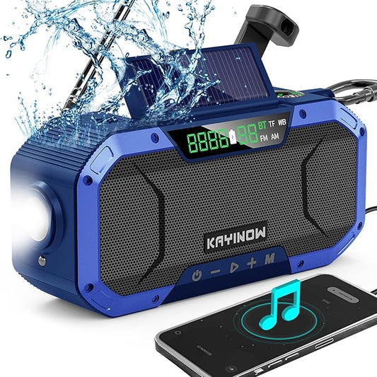 KAYINOW Emergency NOAA Weather Radio, Solar Hand Crank FM AM Radio with Bluetooth Speaker, 5000mAh Battery Powered Phone Charger, Flashlight, IPX5 Waterproof, SOS Alarm for Survival Hurricane Camping